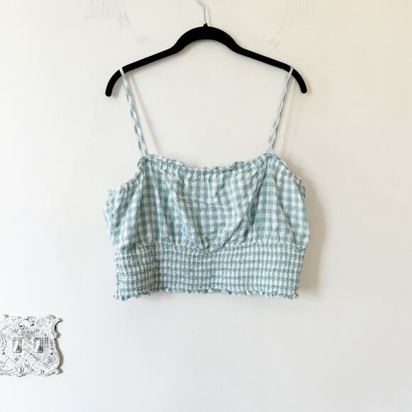 American Eagle Turquoise Gingham Cotton Linen Smocked Cami Cropped Top XL - Picture 6 of 9